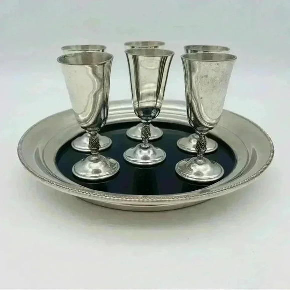 Revere Pewter 6 Cordial Pineapple Stem Footed Glasses with tray - Picture 2 of 14